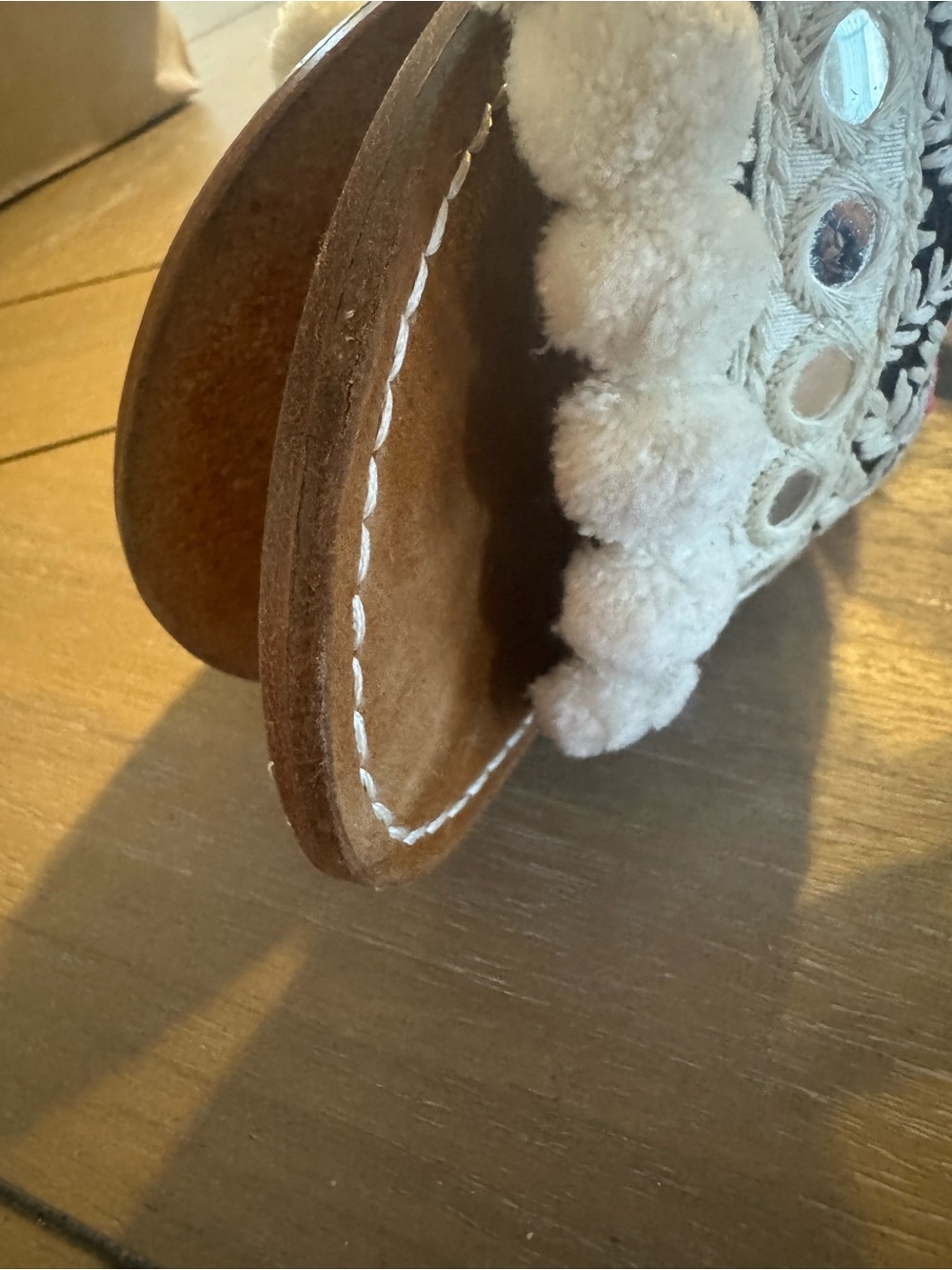 Anthropologie DVLPMNT Brown Genuine Leather Pom-Pom & Embroidered Sandals - Picture 13 of 14